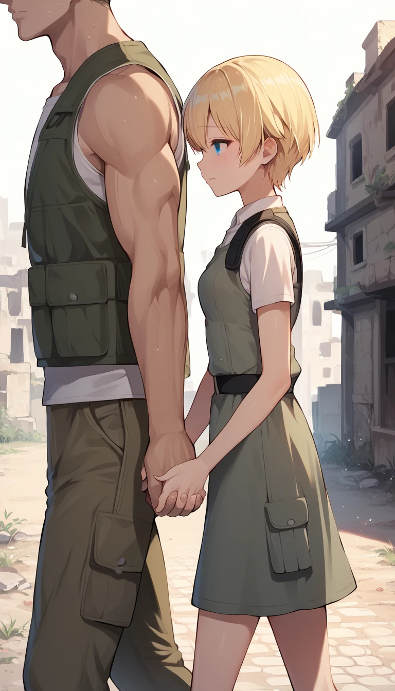 score_9, score_8_up, score_7_up, source_anime BREAK 
1girl, 14yo, _young, from side, small breasts, girl dirty dress, holding hands, hand in another's hand, blonde short hair, grey eyes, sad face, town ruins, outdoors, walking, size difference, faceless male, male face out of frame, (male cargo vest, cargo pants)