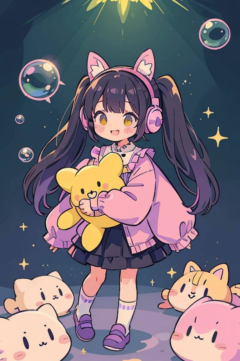 girl, alone, Black Hair,Twin tails,smile,Gothic Lolita, sleeve, socks, Light pastel colors, (purple, green, pink, yellow), comfortable, dream-like, performer, Stickers, bubble, Sparkling, shine, stuffed toy, Headphones