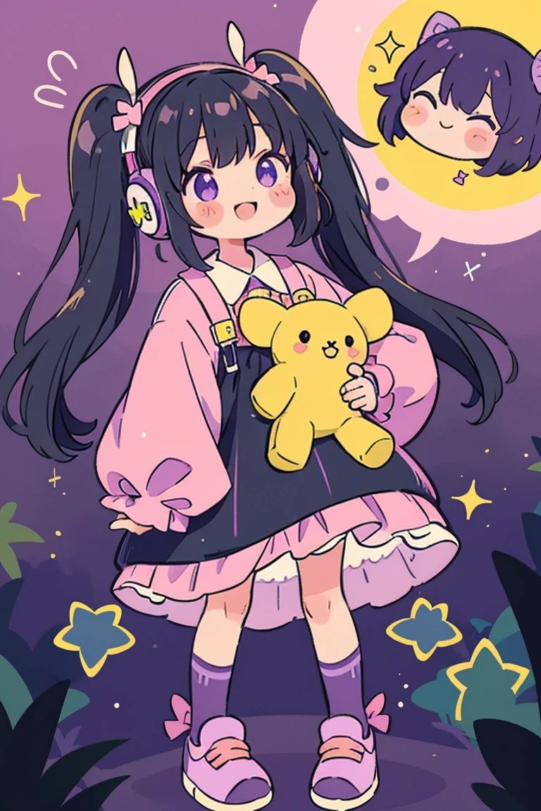 girl, alone, Black Hair,Twin tails,smile,Gothic Lolita,  sleeve, socks, Light pastel colors, (purple, green, pink, yellow), comfortable, dream-like, performer, Stickers, bubble, Sparkling, shine, stuffed toy, Headphones