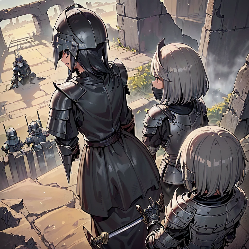 Best illustrations、Best Quality、(((Simple grey armor、Black trousers、Black glover.々Hairstyle、Mr.々Hair coron helmet、Iron Mask、Iron Helmet)、(((Grab the sword、Get Ready)))、(Old ruins、desert。Grass)、Fall to the floor、(Black, muddy swamp)、(中世の騎士が10 people)、(get annoyed、anxiety、impatience、Open your mouth、shout)、(lots of medieval knights、10 people)、battlefield、Get Ready、Fighting stance、(From the back、Back view、back view)、From above