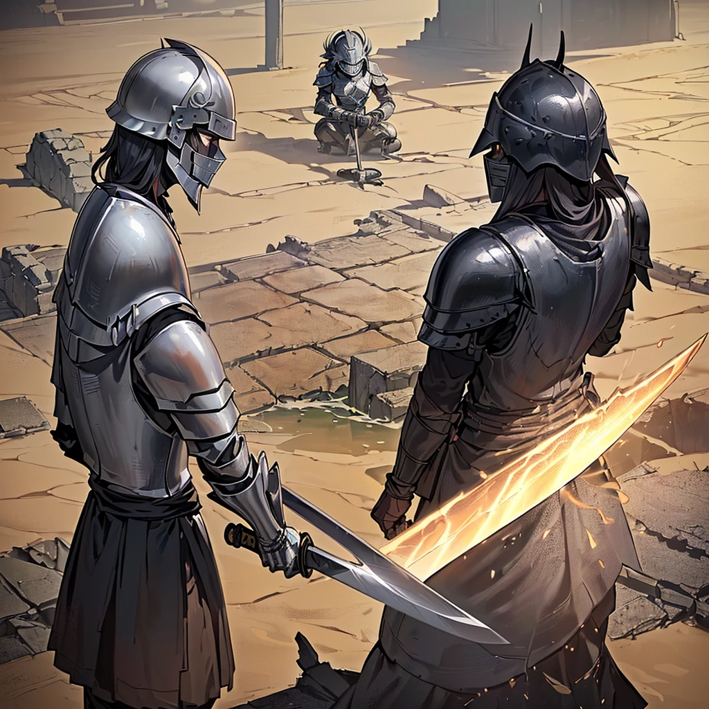 Best illustrations、Best Quality、(((Simple grey armor、Black trousers、Black glover.々Hairstyle、Mr.々Hair coron helmet、Iron Mask、Iron Helmet)、(((Grab the sword、Get Ready)))、(Old ruins、desert。Grass)、Fall to the floor、(Black, muddy swamp)、(中世の騎士が10 people)、(get annoyed、anxiety、impatience、Open your mouth、shout)、(lots of medieval knights、10 people)、battlefield、Get Ready、Fighting stance、(From the back、Back view、back view)、From above