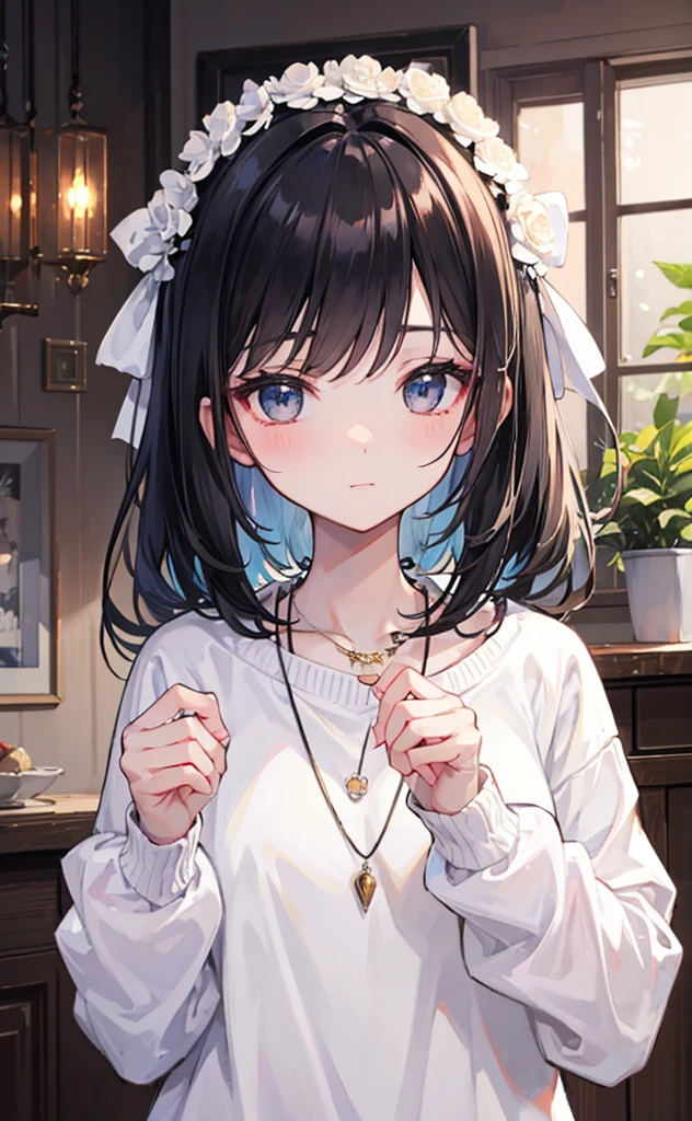 A beautiful and sweet sister，Fragrant, soft, sweet and sticky，Cream white sweater，White Silk，necklace，Black Hair，pretty，White and tender，Glossy