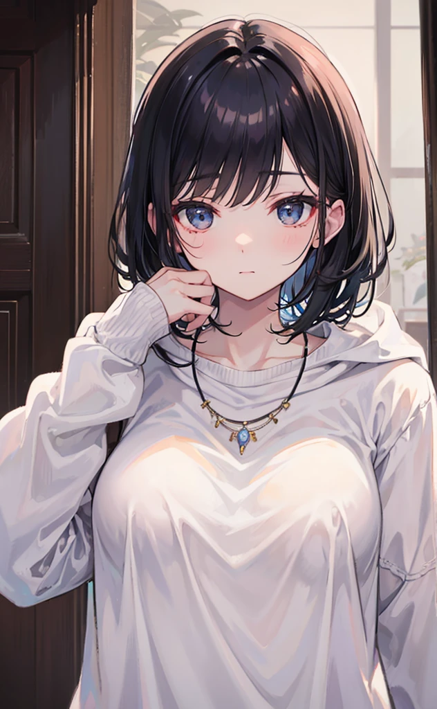 A beautiful and sweet sister,Fragrant, soft, sweet and sticky,Cream white sweater,White Silk,necklace,Black Hair,pretty,White and tender,Glossy