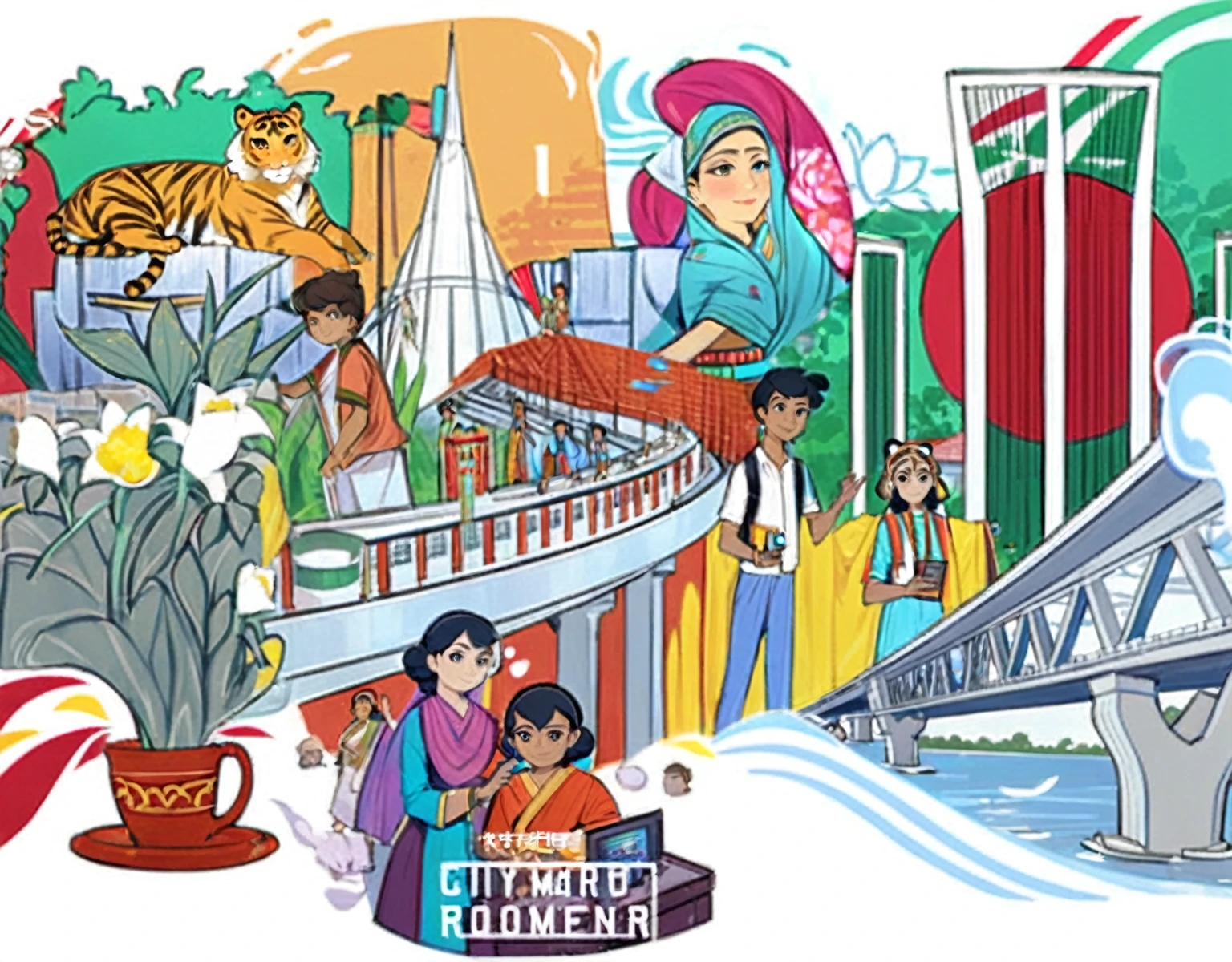 (Bangladesh)), poster image of a vibrant landscape of Bangladesh, where tradition and technology converge, a Smart Village emerges., Smart Village: Bridging Tradition and Technology Connected Community. Historical Monuments of Bangladesh. white Water lily, Royal Bengal tiger, sculpture of Bangladesh freedom fight. national martyrs memorial of Bangladesh 