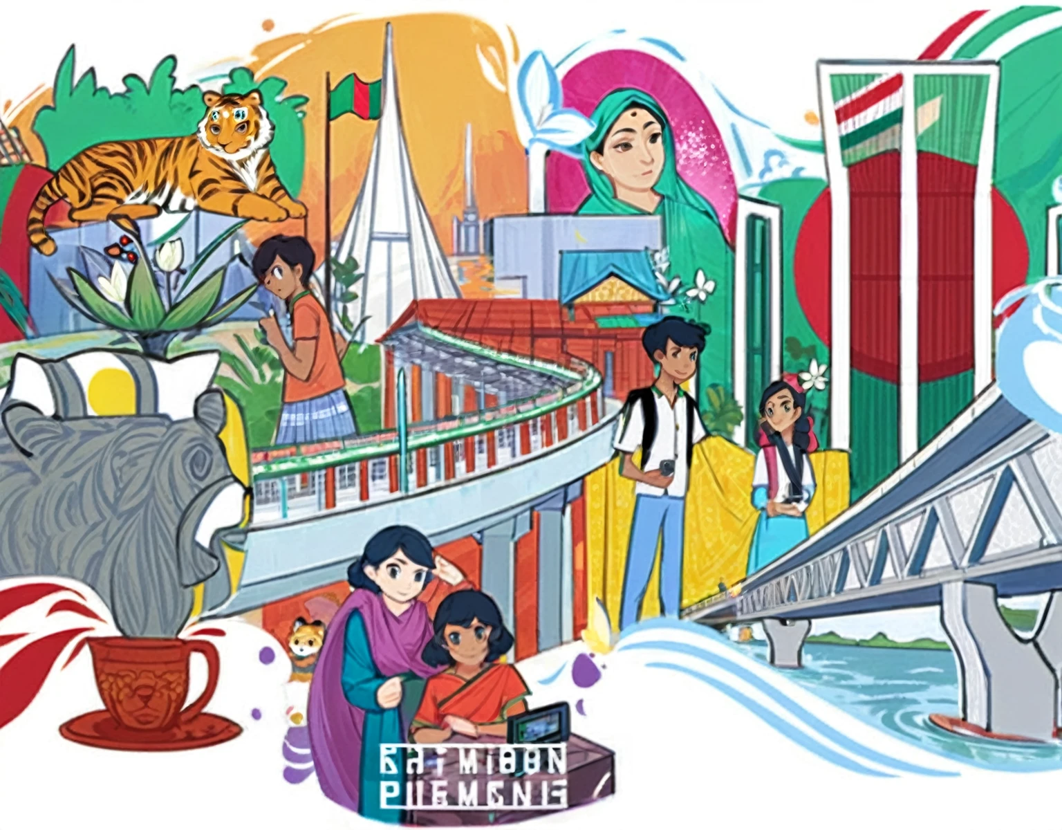 (Bangladesh)), poster image of a vibrant landscape of Bangladesh, where tradition and technology converge, a Smart Village emerges., Smart Village: Bridging Tradition and Technology Connected Community. Historical Monuments of Bangladesh. white Water lily, Royal Bengal tiger, sculpture of Bangladesh freedom fight. national martyrs memorial of Bangladesh 