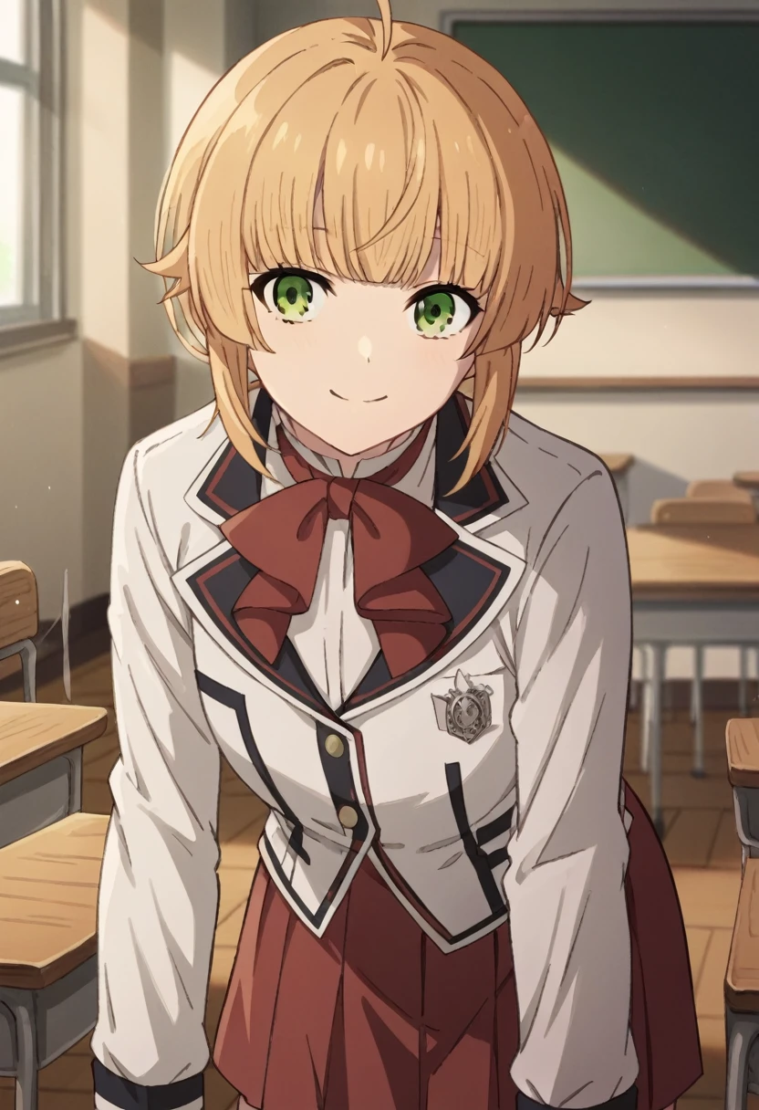 NSFW，score_9, score_8_up, score_7_up, source_anime,
norngreyrat, norn greyrat, bangs, blonde hair, green eyes, ahoge,
long sleeves, bow, , jacket, bowtie, red bow, skirt, red skirt, white jacket,
indoors, classroom, bent over, smile,skirt lift，
looking at viewer, cowboy shot