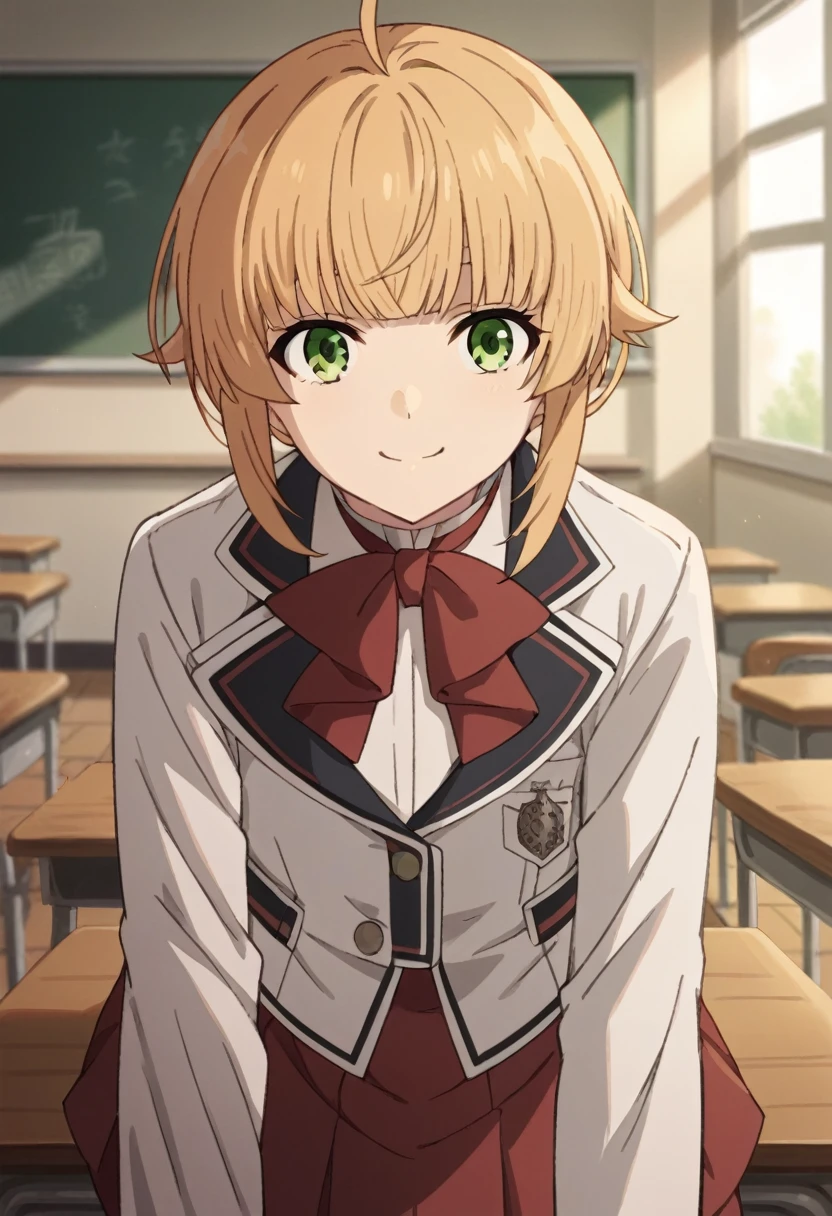 NSFW，score_9, score_8_up, score_7_up, source_anime,
norngreyrat, norn greyrat, bangs, blonde hair, green eyes, ahoge,
long sleeves, bow, , jacket, bowtie, red bow, skirt, red skirt, white jacket,
indoors, classroom, bent over, smile,skirt lift，
looking at viewer, cowboy shot