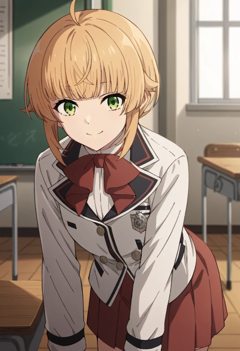 NSFW，score_9, score_8_up, score_7_up, source_anime,
norngreyrat, norn greyrat, bangs, blonde hair, green eyes, ahoge,
long sleeves, bow, , jacket, bowtie, red bow, skirt, red skirt, white jacket,
indoors, classroom, bent over, smile,skirt lift，
looking at viewer, cowboy shot