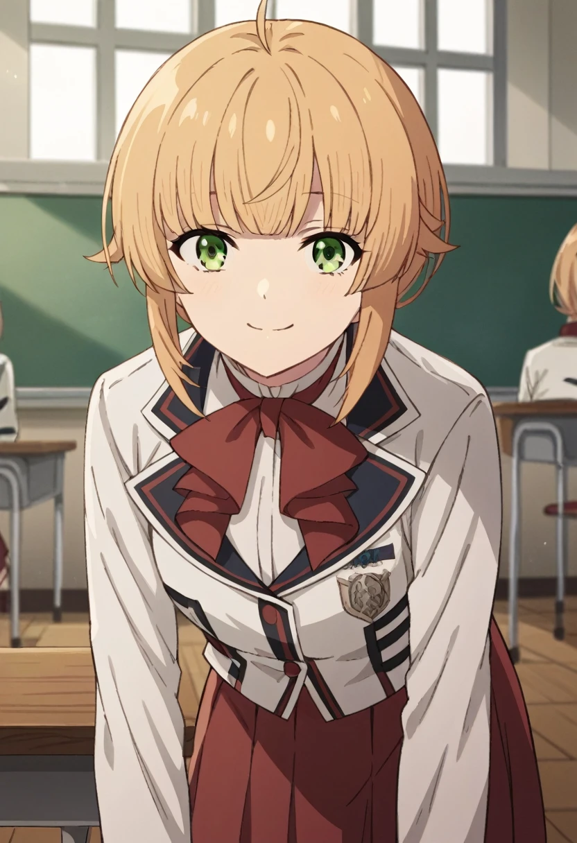 NSFW，score_9, score_8_up, score_7_up, source_anime,
norngreyrat, norn greyrat, bangs, blonde hair, green eyes, ahoge,
long sleeves, bow, , jacket, bowtie, red bow, skirt, red skirt, white jacket,
indoors, classroom, bent over, smile,skirt lift，
looking at viewer, cowboy shot