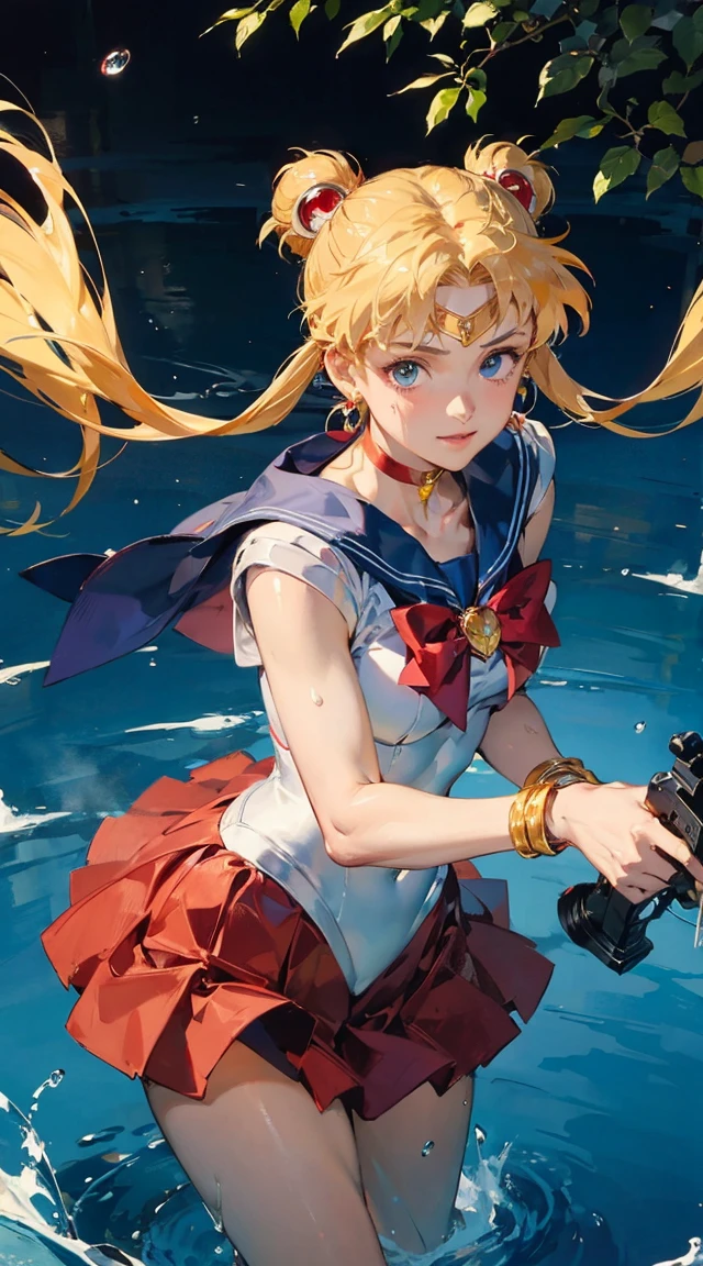 Sailor Moon holding an assault rifle　　((masterpiece)), (best quality), official art, extremely detailed CG, 
1girl, sailor moon, blue eyes, blonde hair, long hair, hair bun, jewelry, sailor senshi uniform, blue sailor collar, red choker, twintails, red bow, blue skirt, holding binoculars, outdoors, forest,  Realistic portrait of the protagonist of the anime Sailor Moon　(Super detailed,ultra high resolution,detailed background),((2D)),((flat color)),((colorful)),((floating colorful water)),1 girl,alone,looking at the viewer,break　girl, sweat, steam, medium breast, shy, detailed hand, shy, light smile, looking at viewer,