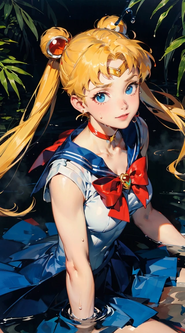 Sailor Moon holding an assault rifle　　((masterpiece)), (best quality), official art, extremely detailed CG, 
1girl, sailor moon, blue eyes, blonde hair, long hair, hair bun, jewelry, sailor senshi uniform, blue sailor collar, red choker, twintails, red bow, blue skirt, holding binoculars, outdoors, forest,  Realistic portrait of the protagonist of the anime Sailor Moon　(Super detailed,ultra high resolution,detailed background),((2D)),((flat color)),((colorful)),((floating colorful water)),1 girl,alone,looking at the viewer,break　girl, sweat, steam, medium breast, shy, detailed hand, shy, light smile, looking at viewer,
