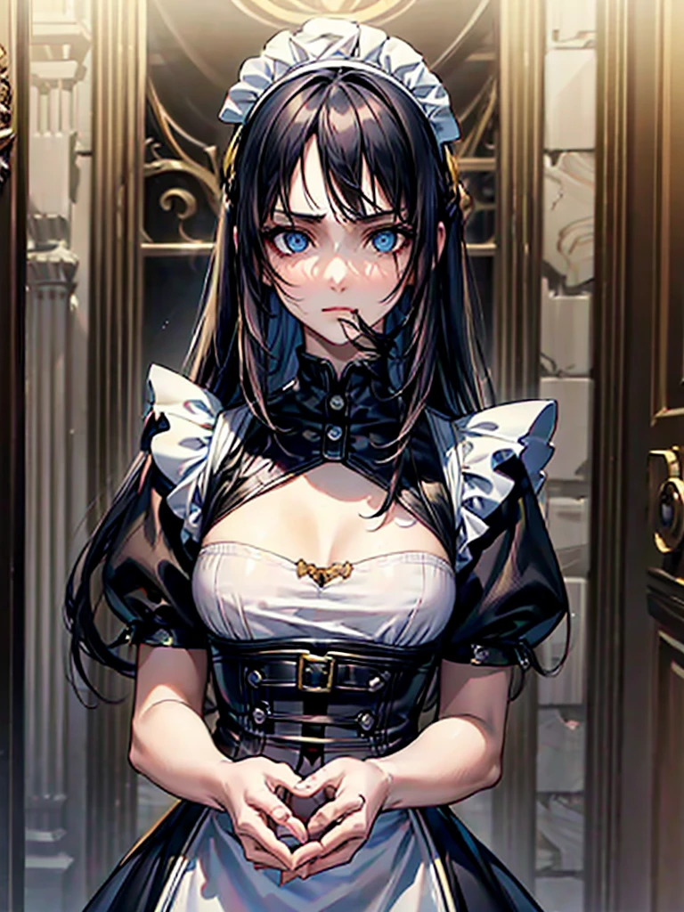 (tmasterpiece, high resolution, ultra - detailed:1.0),1 girl, Young and beautiful woman, standing, (((looking away from viewer))), Perfect female body, (upper body), (ancient roman Castle), Extremely detailed CG, Unity 8k wallpaper, Complicated details, solo person, (long black hair, (diamond shaped eyes), light blue eyes, medium breasts, Maid clothes, short sleeves, timid expression, hands in lap), Luxurious ((roman)) room, (marble walls), trunk, color difference, Depth of field, dramatic shadow, Best quality, Cinematic lighting, official art,., sultry look, seductive,