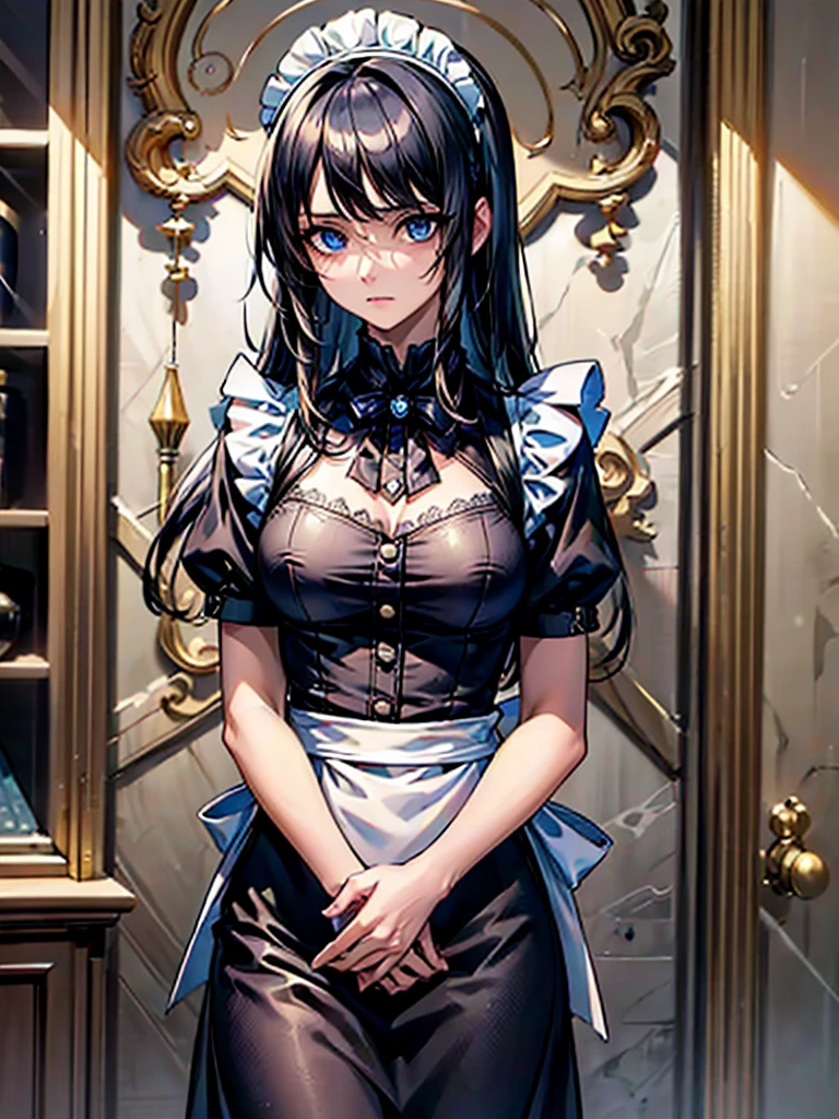 (tmasterpiece, high resolution, ultra - detailed:1.0),1 girl, Young and beautiful woman, standing, (((looking away from viewer))), Perfect female body, (upper body), (ancient roman Castle), Extremely detailed CG, Unity 8k wallpaper, Complicated details, solo person, (long black hair, (diamond shaped eyes), light blue eyes, medium breasts, Maid clothes, short sleeves, timid expression, hands in lap), Luxurious ((roman)) room, (marble walls), trunk, color difference, Depth of field, dramatic shadow, Best quality, Cinematic lighting, official art,., sultry look, seductive,
