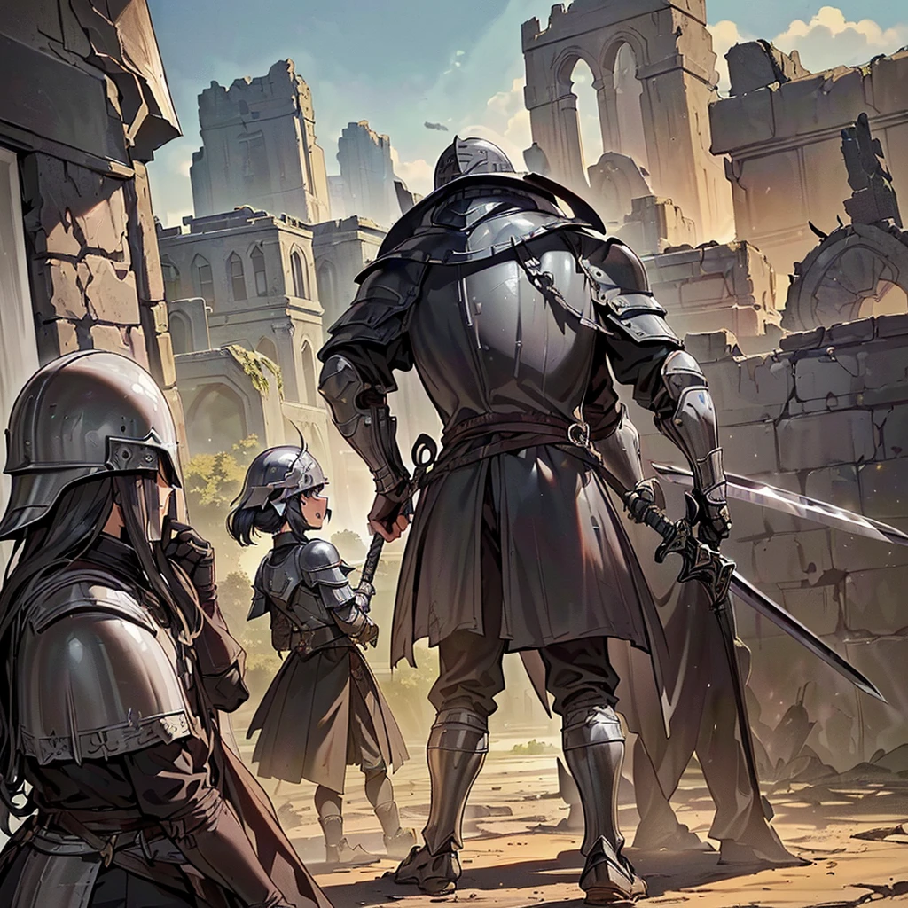 Best illustrations、Best Quality、(((Simple grey armor、Black trousers、Black glover.々Hairstyle、Mr.々Hair coron helmet、Iron Mask、Iron Helmet)、(((Grab the sword、Get Ready)))、(Old ruins、desert。Grass)、Fall to the floor、(Black, muddy swamp)、(中世の騎士が10 people)、(get annoyed、anxiety、impatience、Open your mouth、shout)、(lots of medieval knights、10 people)、battlefield、(From the back、Back view、back view)、From below