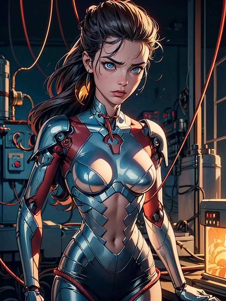 (((masterpiece))), (((best quality))), ((ultra-detailed)), (highly detailed CG illustration), ((an extremely delicate and beautiful)),cinematic light,((1mechanical girl)),solo,(cowboy shot:1.2),(machine made joints:1.2),((machanical limbs)),(blood vessels connected to tubes),(mechanical vertebra attaching to back),((mechanical cervial attaching to neck)),expressionless,(wires and cables attaching to neck:1.2),(wires and cables on head:1.2),(character focus),science fiction,extreme detailed,colorful,highest detailed, loongs,fengs,background,, sultry look, seductive,