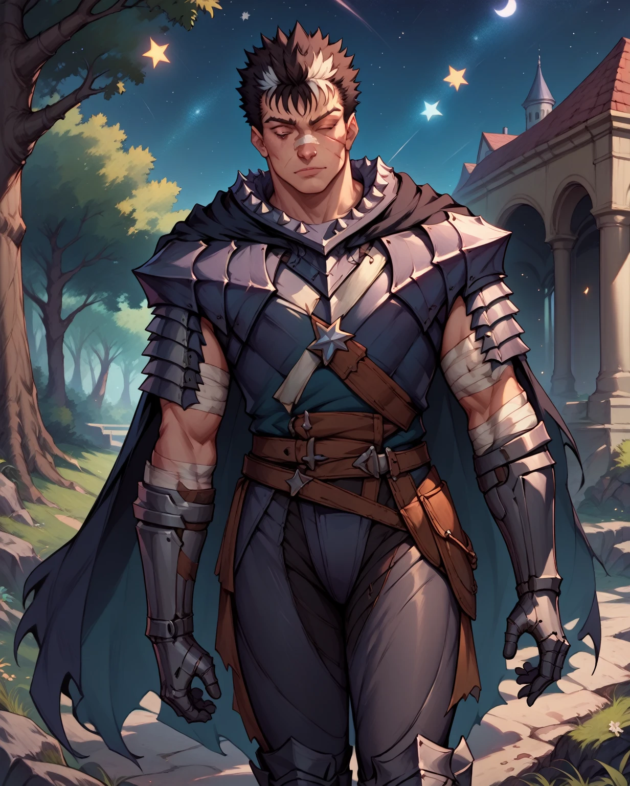 score_9, score_8_up, score_7_up, masterpiece, best quality, highly detailed, Guts_Armor, brown eyes, short hair, multicolored hair, spiked hair, black armor, shoulder armor, gauntlets, greaves, bandaged arm, black cape, torn cape, scar on nose, one eye closed, muscular male, (night:1.2), a lot of stars, (bright stars:1.2), forest, ultra detailed, focus on face, detailed face, full length, cowboy shot, kawaii