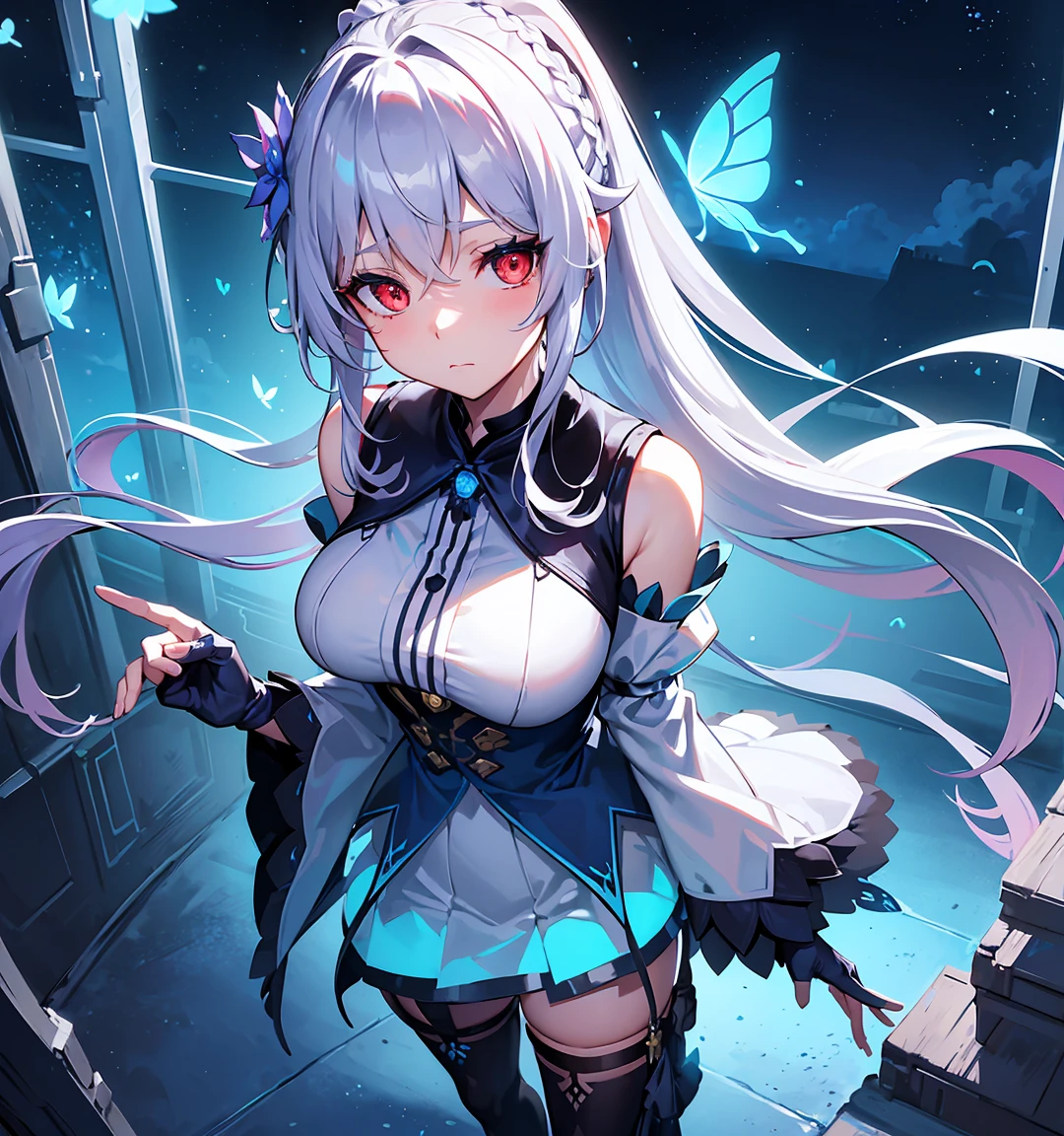 (Overhead view),dynamic angle,ultra-detailed, illustration, close-up, straight on, 1girl, (fantasy:1.4), ((red eyes)),Her eyes shone like dreamy stars,(glowing eyes:1.233),(beautiful and detailed eyes:1.1),(Silver hair:1.14),(messy hair,very long hair, ponytail hair,french braid,hair between eyes,sidelocks), (+(bule hair flower:1.14)),(chiffon dress,bule flower pattern in uniform)/=(military uniform:1.24),(detached sleeves,wide sleeves),(fingerless gloves),choker,(miko thighhighs),High heeled boots,(expressionless,closed mouth),(standing), (classical Princess boudoir with dressing tableand french windowin a white ancient palaces),(white flowers,bloom),(starry sea),(flowing water),(a dull blue world tree:1.14),(ruins),(night:1.2),dreamy,soul,(fluorescence),(flying translucent blue butterflies:1.15), [[delicate fingers and hands:0.55]::0.85],(detail fingers),(yubao:0.5),
