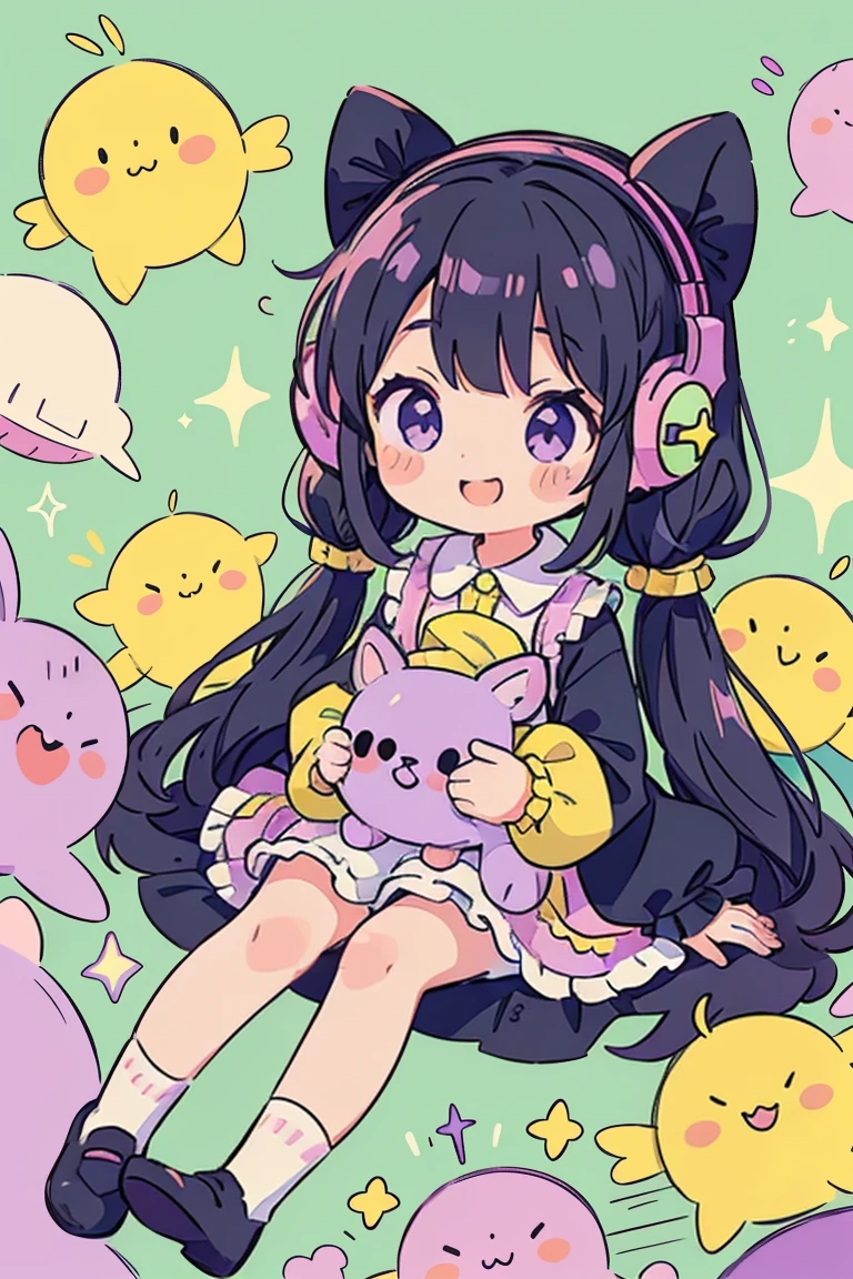 girl, alone, Black Hair,Twin tails,smile,Gothic Lolita, sleeve, socks, Light pastel colors, (purple, green, pink, yellow), comfortable, dream-like, performer, Stickers, bubble, Sparkling, shine, stuffed toy, Headphones
