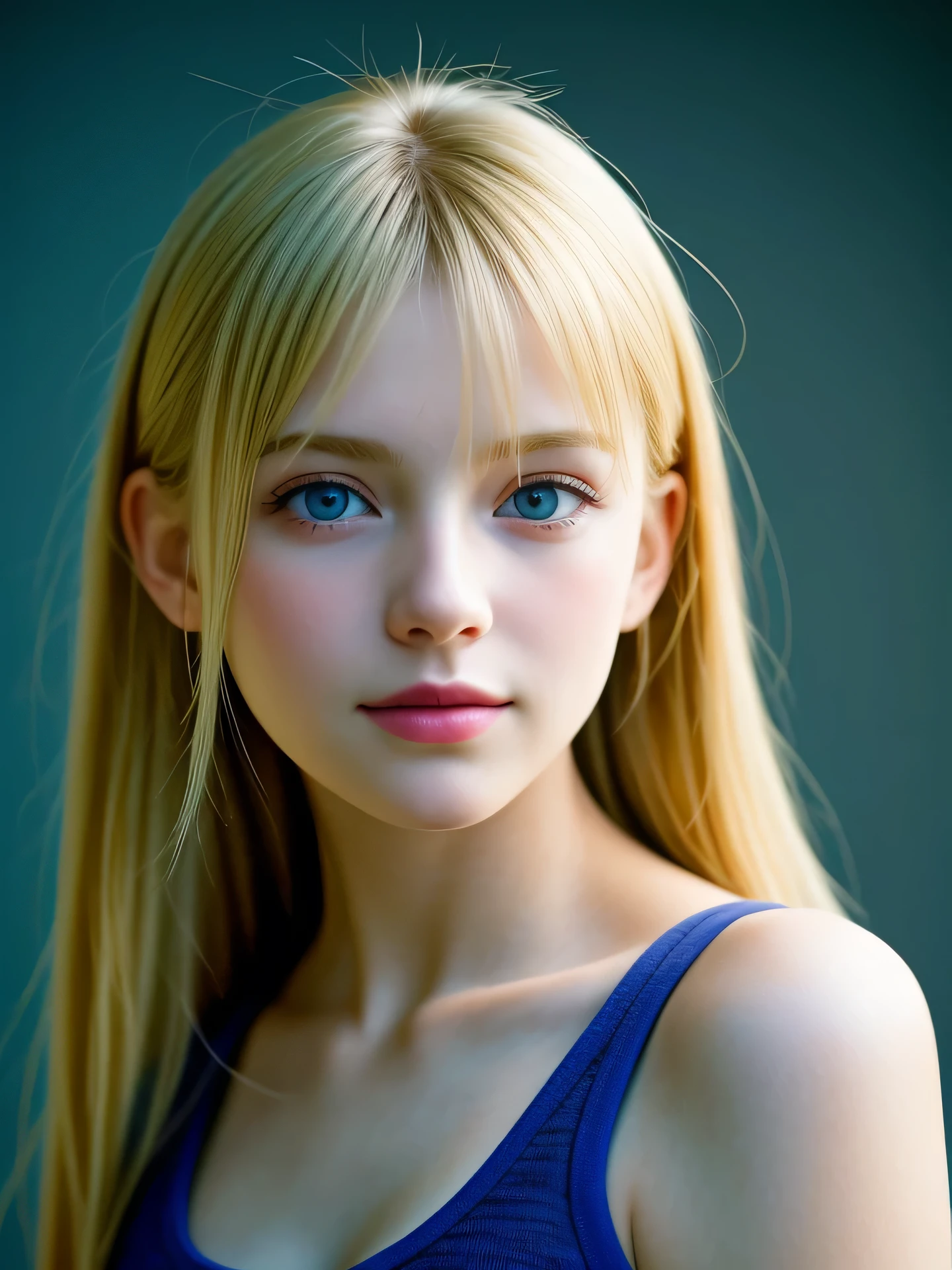 (Photo Real:1.4), (hyper realisitic:1.4), (Smooth lighting:1.05), 1 girl, ager, blue eyes, happy, shy, smile, (looking away:1.2), Close-up of the face, Soft lighting, Back lighting, (Finest Real Textured Skins), Super fine face, glowy skin, retinas, Anatomically correct, (Blonde medium hair:1.1), bangs, Textured skin, High quality, high details, Best Quality, High resolution, tank top