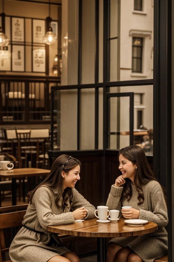 It's a cozy cafe. The sound of rain gently tapping against the window. The atmosphere is warm and inviting. Two princesses, ELENA (28) and ISABELLA (23), are seated at a corner table, disguised in simple, elegant clothes. They laugh and enjoy their coffee.]

Make the face clear 