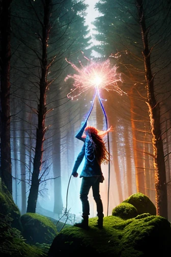 School of magic. Guy with hair, element of the искра, mantle. Магия искры. the forest, world, gifted with sparks.