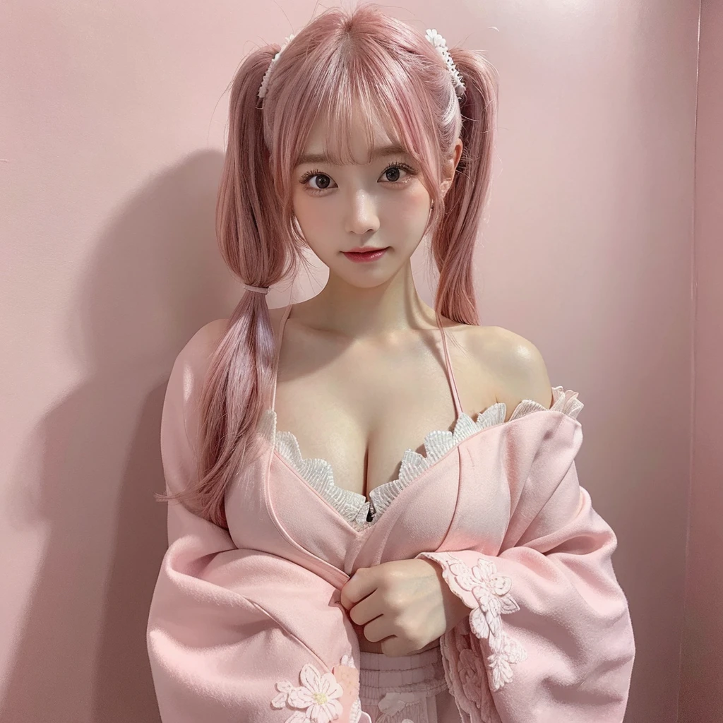 highest quality, illustration, ultra-detailed, intricately detailed, high resolution, 8k, Slim and well-proportioned, , pink hair in twin tails, large breasts, fair skin. She is wearing a Japanese idol costume, She is in a magazine photoshoot studio. The background is a pink wall. cleavage between breasts