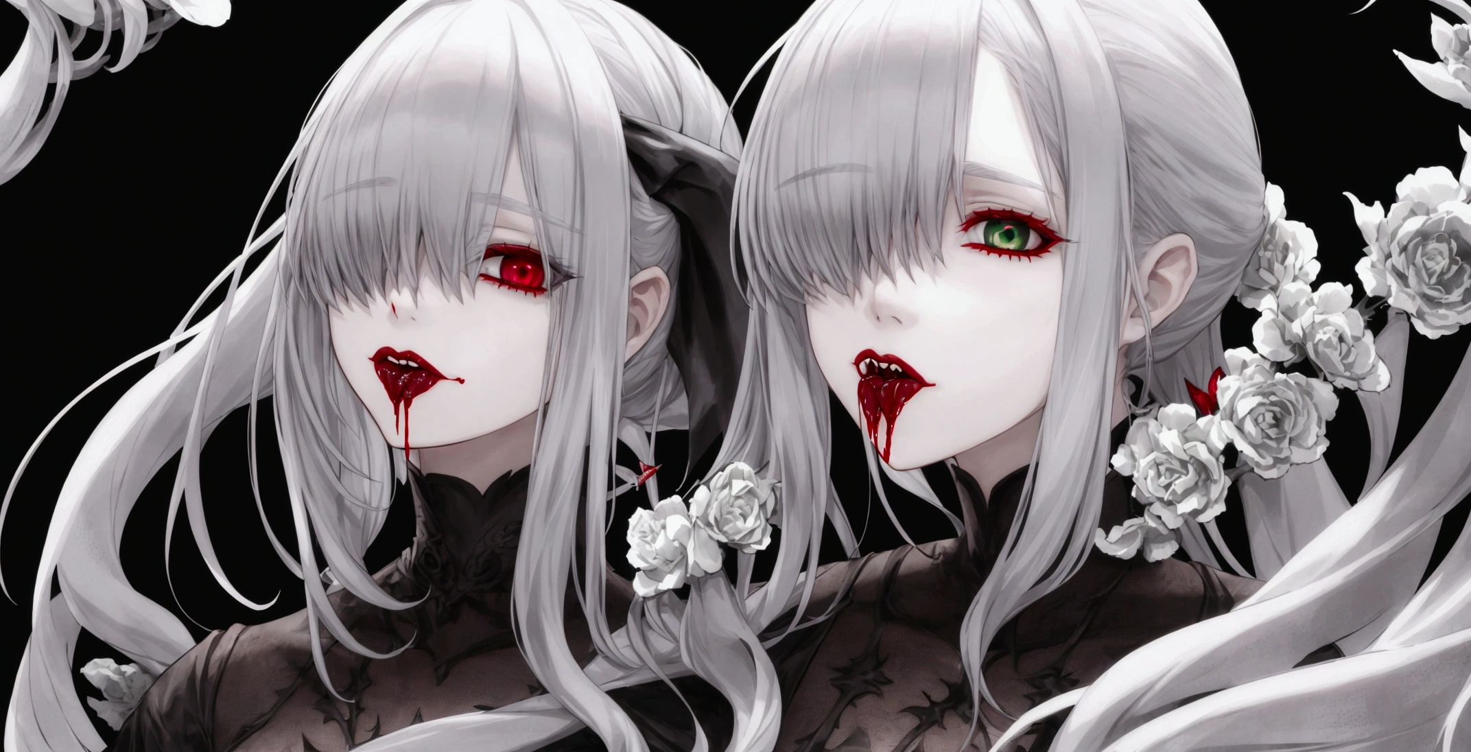 vampire,Silver Hair,girl,Green Eyes,Licking one's lips,Blood on tongue