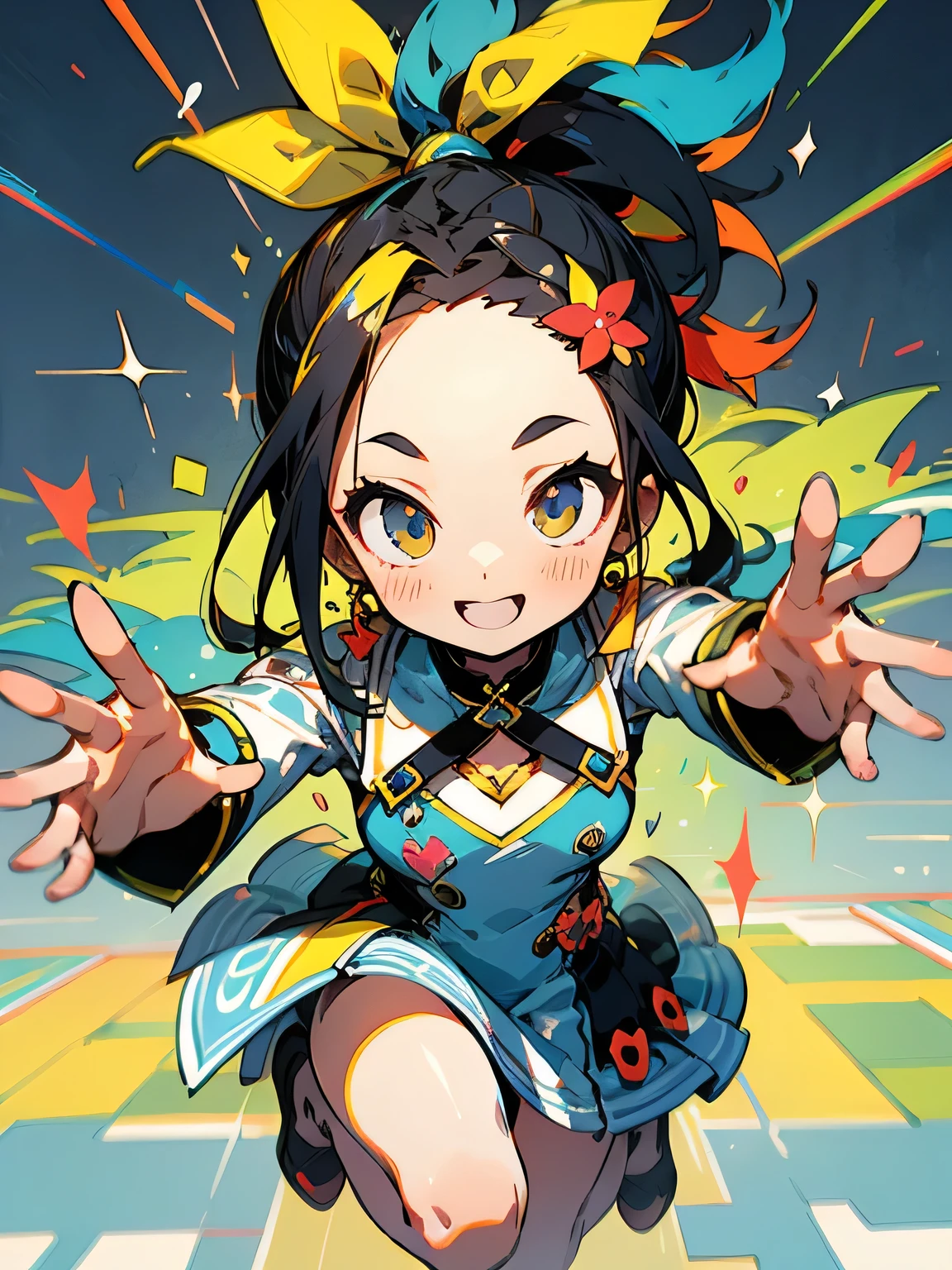 from above,solo,multicolor blue red ponytail hair,big forehead, Enchanting chest, big smile, Summer attractive Stylish colorful flare dress,(jumping pose), resort, cute image design background,close up face,