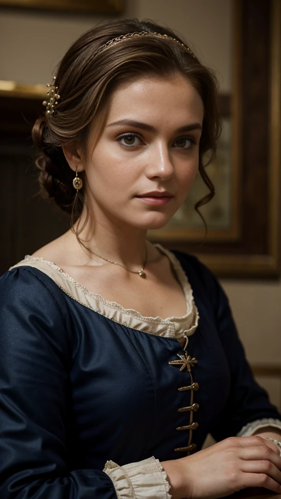 Close up shot , looking at viewer, 18 century, Medieval Scottish women's clothing, Scottish girl, 18 age old, (light Gold hair, middle hair , wince, Blue eyes, beautiful lip, serious), gold crescent earrings, gold neckless, (big breasts, slender whist, wide hip, real public hair, corrected pussy and anal) , textured skin , HI detailed skin, (foreshortening, Canon, 8k, anatomically correct, super detail, high details, highness,