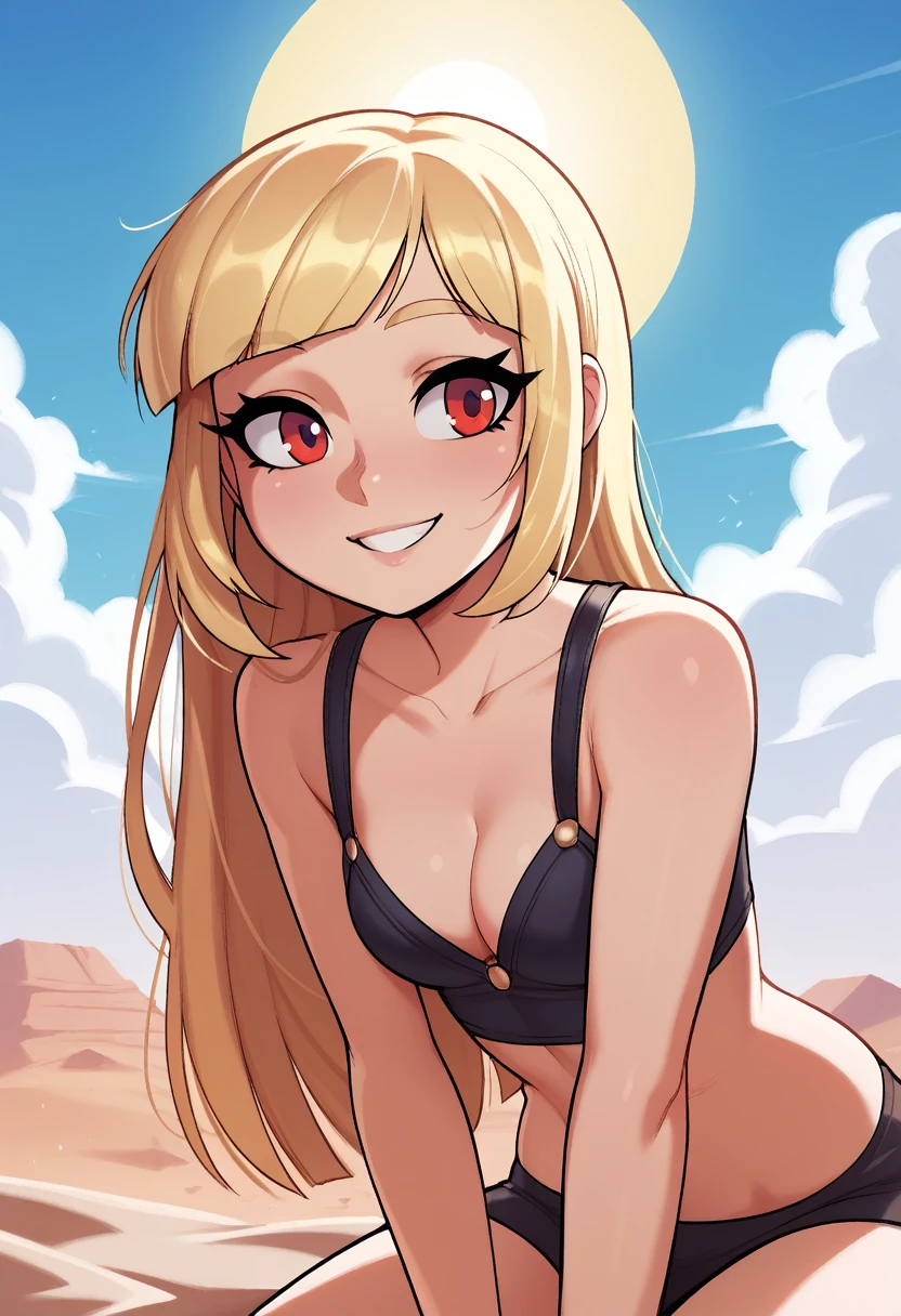 score_9, score_8_up, score_7_up, score_6_up, score_5_up, score_4_up, BREAK 1girl, blonde hair, loose hair, masterpiece, The best quality at its best, Super detailed, Absurd, solo, Cleavage, Upper body close-up, smile, String, Best, cloud, Sky Sky, Daisy, Sit, Sitting_upon_Rock Music, Volumetric Lighting, 最high quality, masterpiece, Intricate details, Tone Mapping, Sharp focus, Super detailed, Look at her, Great environment, Very detailed, high quality, summer, Bright sun, swept bangs, red eyes, blonde eyelashes, blonde eyebrows, bent over, blunt bangs, short, BREAK solo, small breast, skinny, arched back, thigh gap, innocent, lovely, adorable, long hair, Desert bandit outfit,