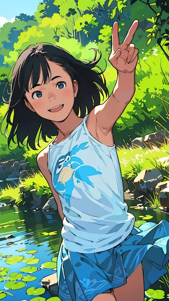 reasonable design, Clear lines, High Sharpness, (highest quality,8K,Perfect sharpness,Ultra fine,High resolution,masterpiece:1.2), Perfect Anatomy:1.5, Official Art, Illustrations that tell a story, (Whitish background:0. 9)、Body Positivity、More Mr.Physical expression、(Random and mischievous poses)、Perfect beauty、Perfect beautiful face、Strong winds、A rich expression、Dynamic composition、smile、Golden ratio composition、colorful、(Mr.Different angles and perspectives)、anime art、mini skirt、(Overcoming stereotypes)、 Glowing Skin、(Natural beauty)、smile、bangs、Straight Hair、(Soft and flowing hair)、(Rural Scenery)、(Nostalgic atmosphere)、Insert up to the thighs、(Playful and carefree)、(More Mr.Ethnic characters)、(innocent attitude)、(Sunny atmosphere)、Skirt flipped up、(Bright colors)、Belly button exposed、Beautiful Eyes、A skirt fluttering in the wind、Put it in to your feet、Some composition patterns、Tank top、sensuous、Geometric pattern、、