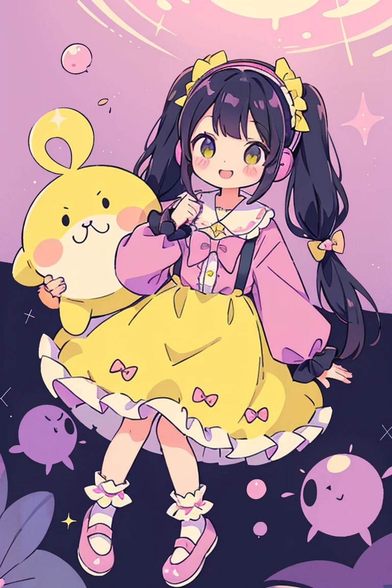 girl, alone, Black Hair,Twin tails,pinkの目,smile,Gothic Lolita, sleeve, socks, Light pastel colors, (purple, green, pink, yellow), comfortable, dream-like, performer, Stickers, bubble, Sparkling, shine, stuffed toy, Headphones