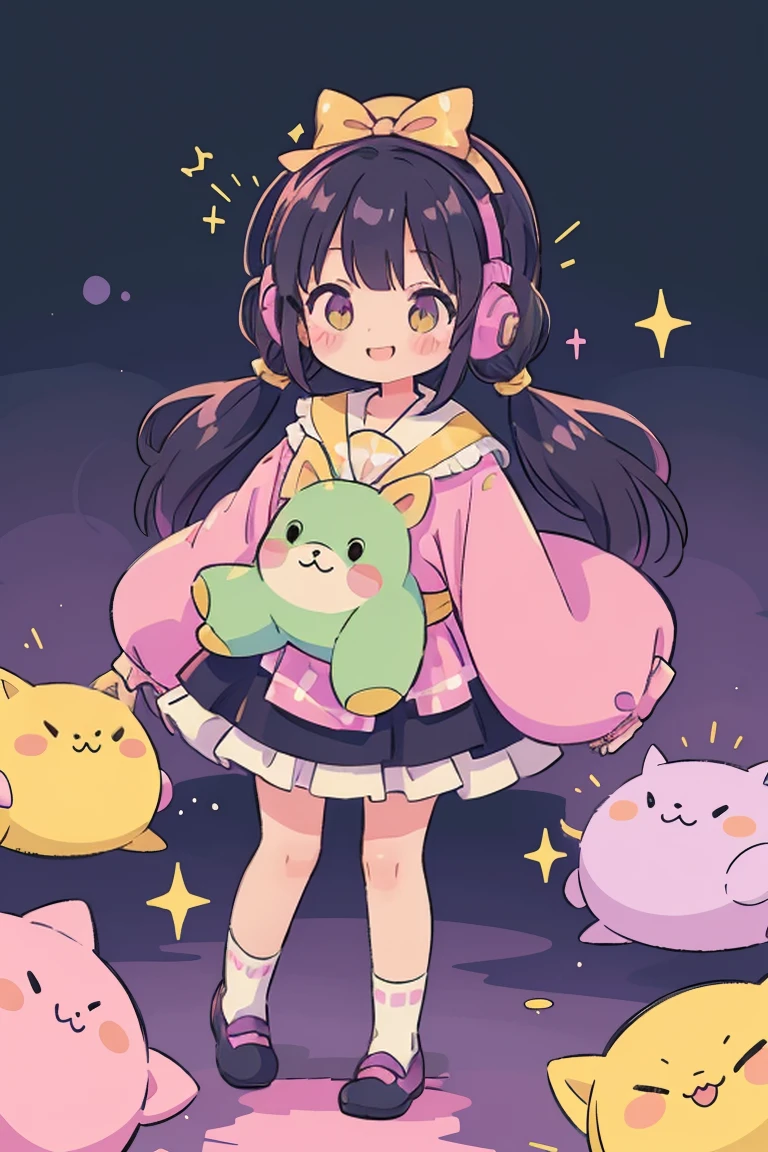 girl, alone, Black Hair,Twin tails,pinkの目,smile,Gothic Lolita,  sleeve, socks, Light pastel colors, (purple, green, pink, yellow), comfortable, dream-like, performer, Stickers, bubble, Sparkling, shine, stuffed toy, Headphones