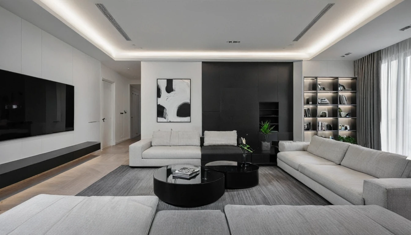 Render a contemporary living room with sleek design elements, primarily using MDF furniture in black and white tones. The living room features a black MDF sofa with white cushions, a black coffee table with a glass top, and a white MDF TV console. The walls are painted in clean white, creating a bright and inviting atmosphere. Modern recessed ceiling lights provide ambient lighting. The flooring is herringbone oak wood, adding a touch of sophistication. The room is decorated with minimalistic black and white artwork, and there are a few indoor plants to add a touch of greenery.
8k resolution, UHD, high-quality detail, modern living room, sleek design, MDF furniture, black and gray tones, contemporary sectional sofa, charcoal gray, minimalist black coffee table, muted gray walls, textured black MDF panels, modern recessed ceiling lights, ambient illumination, sleek floor lamps, dark matte flooring, sophisticated aesthetic, flat-screen TV, black MDF entertainment unit, abstract art, monochrome tones, spacious, clean, uncluttered look, metallic accents.