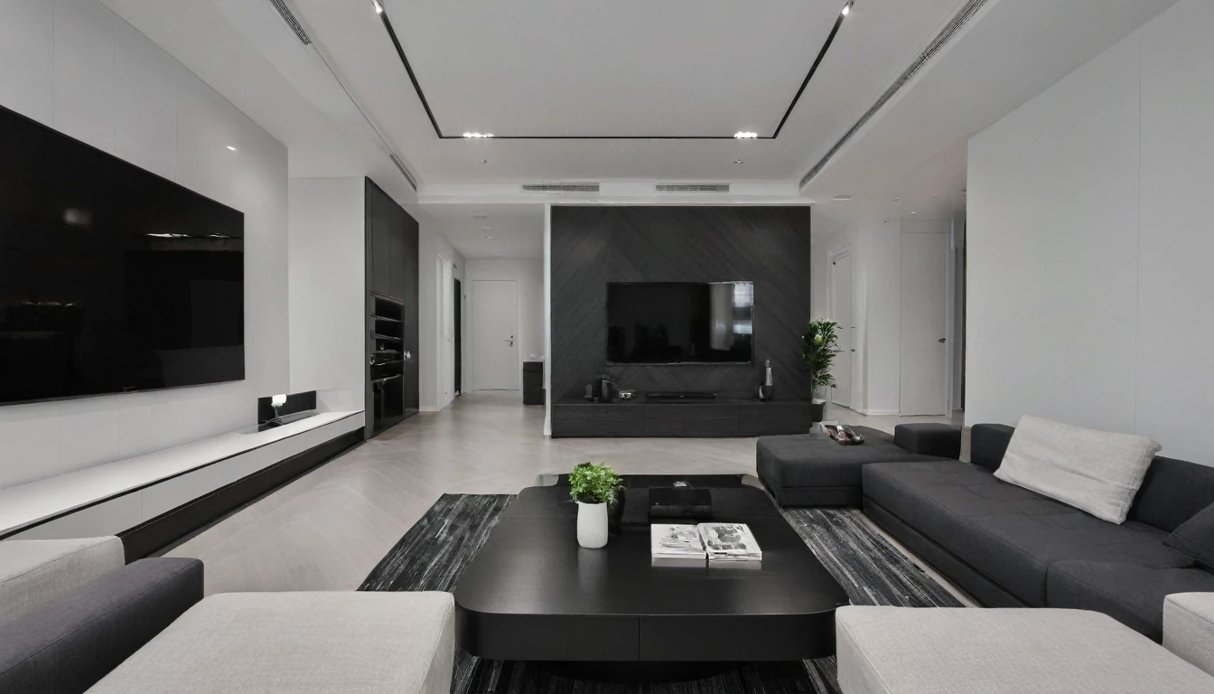 Render a contemporary living room with sleek design elements, primarily using MDF furniture in black and white tones. The living room features a black MDF sofa with white cushions, a black coffee table with a glass top, and a white MDF TV console. The walls are painted in clean white, creating a bright and inviting atmosphere. Modern recessed ceiling lights provide ambient lighting. The flooring is herringbone oak wood, adding a touch of sophistication. The room is decorated with minimalistic black and white artwork, and there are a few indoor plants to add a touch of greenery.
8k resolution, UHD, high-quality detail, modern living room, sleek design, MDF furniture, black and gray tones, contemporary sectional sofa, charcoal gray, minimalist black coffee table, muted gray walls, textured black MDF panels, modern recessed ceiling lights, ambient illumination, sleek floor lamps, dark matte flooring, sophisticated aesthetic, flat-screen TV, black MDF entertainment unit, abstract art, monochrome tones, spacious, clean, uncluttered look, metallic accents.