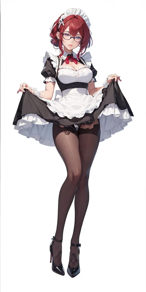 ((1girl, solo)), lilia greyrat, mature female, beautiful body, (perfect anatomy, perfect body, perfect hands, perfect legs), natural proportions, sexy body, large breasts, clothes lift, lifted by self BREAK
red hair, ponytail, ((extremely detailed face)), glasses, purple eyes, (beautiful detailed eyes:1.6), (realistic pupils, realistic iris:1), expressive eyes, looking at viewer, (clear eyes:1.3), (hyperrealistic:1.2), (detailed skin texture:1.2), smooth skin, (smile), (detailed lips:1.2), (attractive lips:1.1), (glossy lips:1.1), perfect face, perfect eyes BREAK
maid, maid headdress, maid outfit, cleavage, detached collar, bow, juliet sleeves, frills, maid apron, white apron, black pantyhose, high heels BREAK
(masterpiece:1.5), anime-style, top quality, best quality, (beautiful and aesthetic:1.2), (ultra detail:1.5), Ultra-detailed depiction, Ultra-precise depiction, extremely detailed 8k illustration, high resolution, (highly detailed shading:1.2), (realistic lighting:1.4), perfect lighting, vibrant colors, dynamic tones, striking hues, 8k, absurd resolution, perfect shadows, hdr, UHD, ambient lighting, realistic, ultra-realistic, photo realistic, highly detailed, rich detail, luminous colors, fine texture, intricate design, professional illustration, (soft light:1.2), (illustration:0.7)