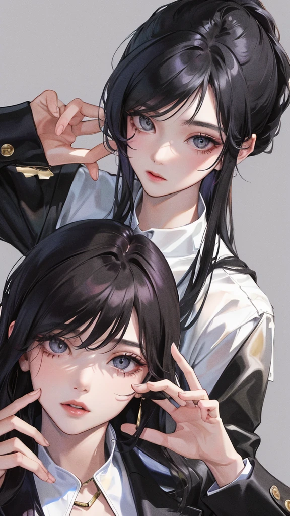 1 woman (Top resolution、Distinct_image)top-quality、femele、masterpiece、highly detailed、Semi-realistic、silver eyes 、18year old、young、cool clothing、Exquisite facial features、Facial features、unique hairstyle, variations, potrait, a bar background, Black hair , long straight hairstyles, wear black suits, Mafia , yakuza, criminals