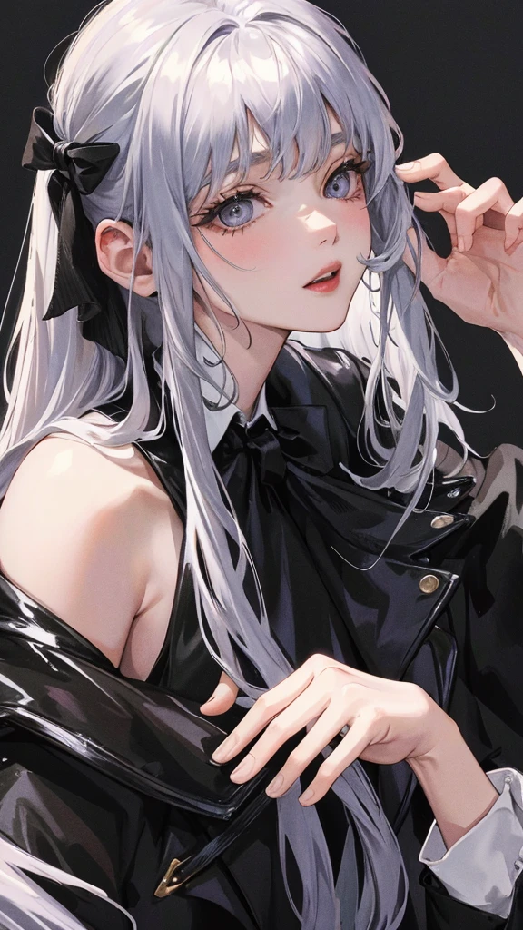 1 woman (Top resolution、Distinct_image)top-quality、femele、masterpiece、highly detailed、Semi-realistic、silver eyes 、18year old、young、cool clothing、Exquisite facial features、Facial features、unique hairstyle, variations, potrait, a bar background, Black hair , long straight hairstyles, wear black suits, Mafia , yakuza, criminals