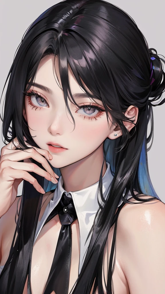 1 woman (Top resolution、Distinct_image)top-quality、femele、masterpiece、highly detailed、Semi-realistic、silver eyes 、18year old、young、cool clothing、Exquisite facial features、Facial features、unique hairstyle, variations, potrait, a bar background, Black hair , long straight hairstyles, wear black suits, Mafia , yakuza, criminals