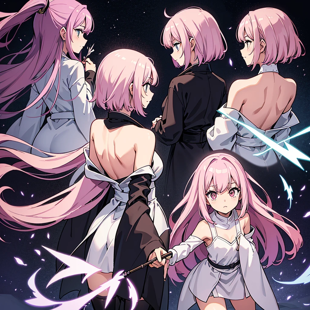 (From the back、Back view)、Best illustrations、Best Quality、(Solo、23 years old)、(The same face:1.1),Medieval Fantasy、Magic wand,(White Background)、(Pink Hair、Very Short Hair、Align your bangs)、(Black hood)、(((Long sleeve、Black Robe、pants、Knee-high boots)))、(From above at an angle)、Run、(get annoyed)、Cowboy Shot、Movement angle、Arrow of Light、Use magic、(From the back、Back view、back view)