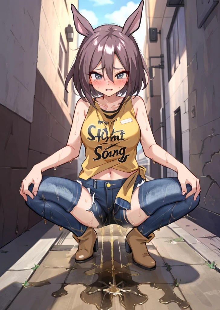 anime, 最high quality, high quality, High resolution, Beautiful woman, High detail, Good lighting, Obscene, transformation, (No nudity), (((Jeans ))), ((Tight leather top)), (((Shiny Pantyhose))), Leather thigh-high boots, Bare abdomen, (Wet shorts), (((Be incontinent))), (((Peeing))), (((Peeing on your own))), (Pee running down my legs), Pee stains, (puddle), (Thick thighs), Nice long legs, lipstick, Detailed face, Pretty face, Clean hands, Embarrassed and blushing face, Humiliated, ((Spread your legs)), (squat), ((In a wide alley)), Heherz