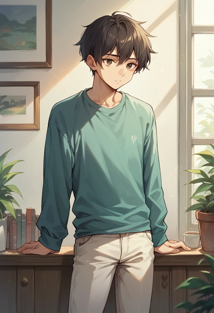 score_9, score_8_up, score_7_up, score_6_up, solo, short hair, shirt, long sleeves, pants, indoors