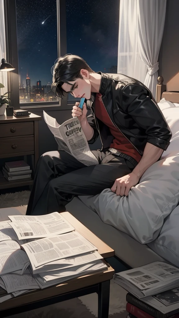 Tim Drake Robin character in the OG red/green short sleeved Neal Adams costume without cape and mask,
falling asleep reading a Gotham Times newspaper in his bed,
with Bruce Wayne (in his civilian clothes) looks from the window in the BG in a starry night.
