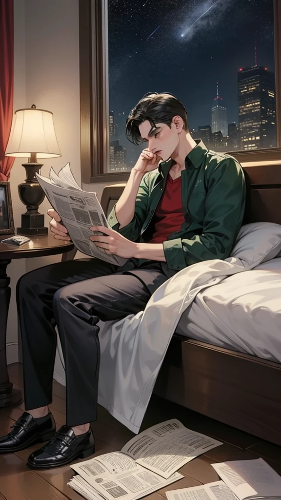 Tim Drake Robin character in the OG red/green short sleeved Neal Adams costume without cape and mask,
falling asleep reading a Gotham Times newspaper in his bed,
with Bruce Wayne (in his civilian clothes) looks from the window in the BG in a starry night.