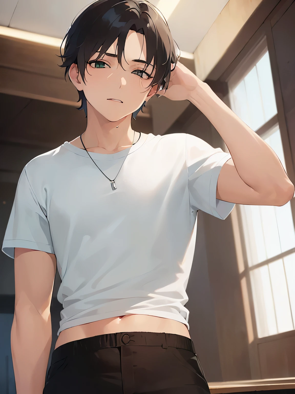 (26-year-old male:1.5),(Brown short hair),(Green Eyes),BREAK(White T-shirt:1.5)BREAK,(Troubled face:1.3),(half closed eyes:1.5),The background is the room,alone,hand on own head,(Biologically correct5Finger)