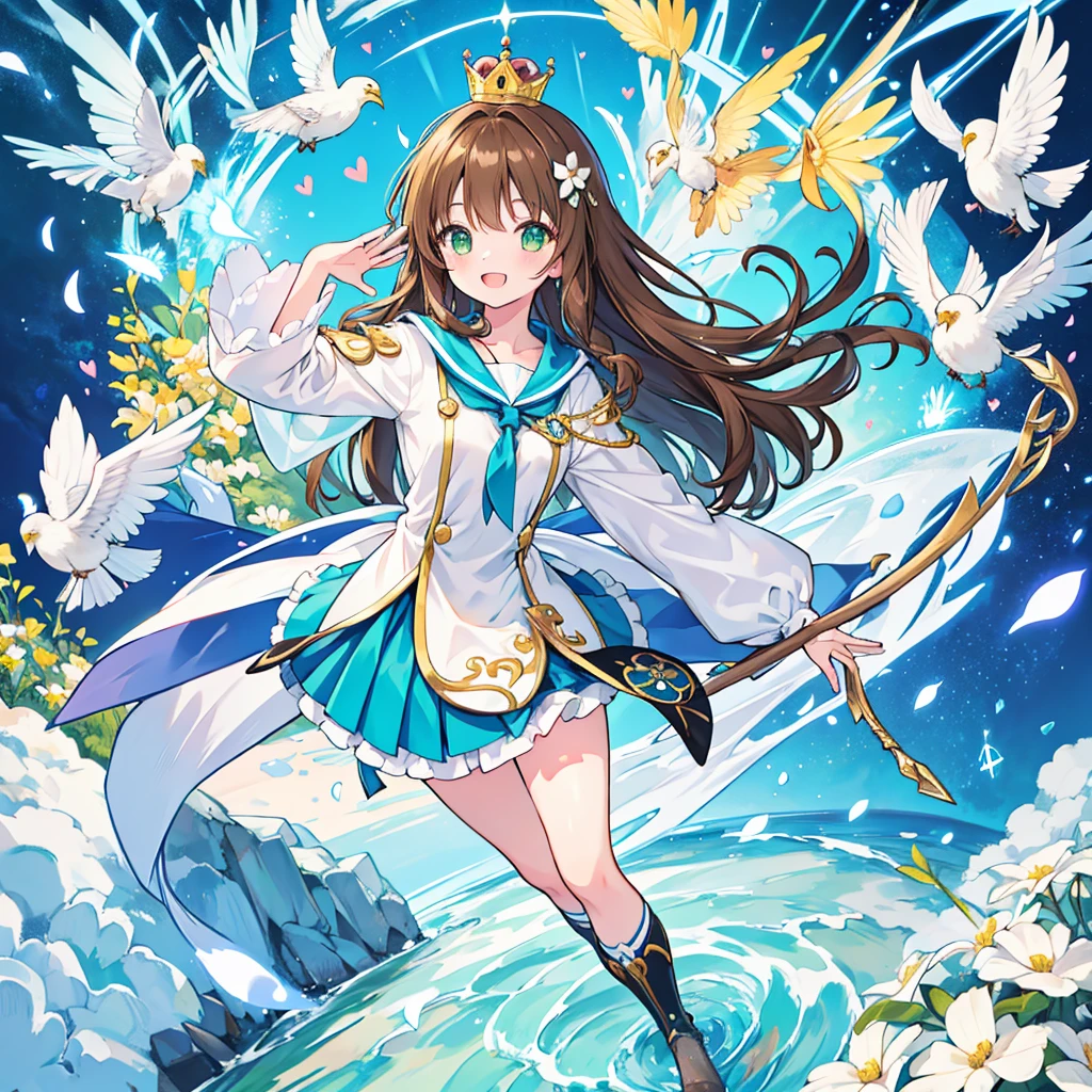 kawaii, anime, Cute, hyper quality, highly detailed, 16k, Front facing, Clarity, full body, smile, heart, Inciting point of view, one girl, long brown hair, green eyes, Magical girl, , brown hawk wings on the back, heart stick, white actinidia arguta flowers, over knee socks, ribbon, open your mouth and laugh, light dances, A bird of light flaps its wings, brandish a stick, morning sunshine, magic effect, magic attack, heart effect, accessories, cute costume, white petals dance, Standing on a green hill with blooming flowers, white sardine flower, blue sky, crown, a brown bird flapping its wings, clear sky, Light of the sun, long magic stick, fantasy world,