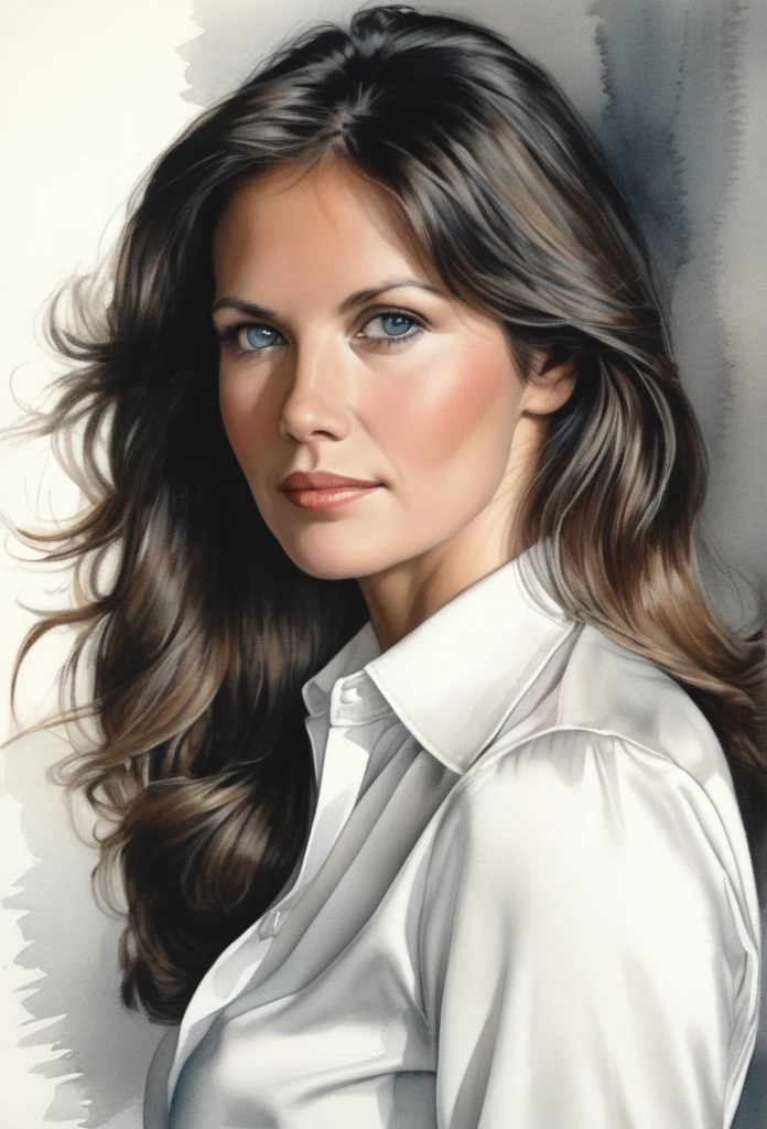 drawing of the face of a 35 year old woman,long hair,dark haired,white satin shirt