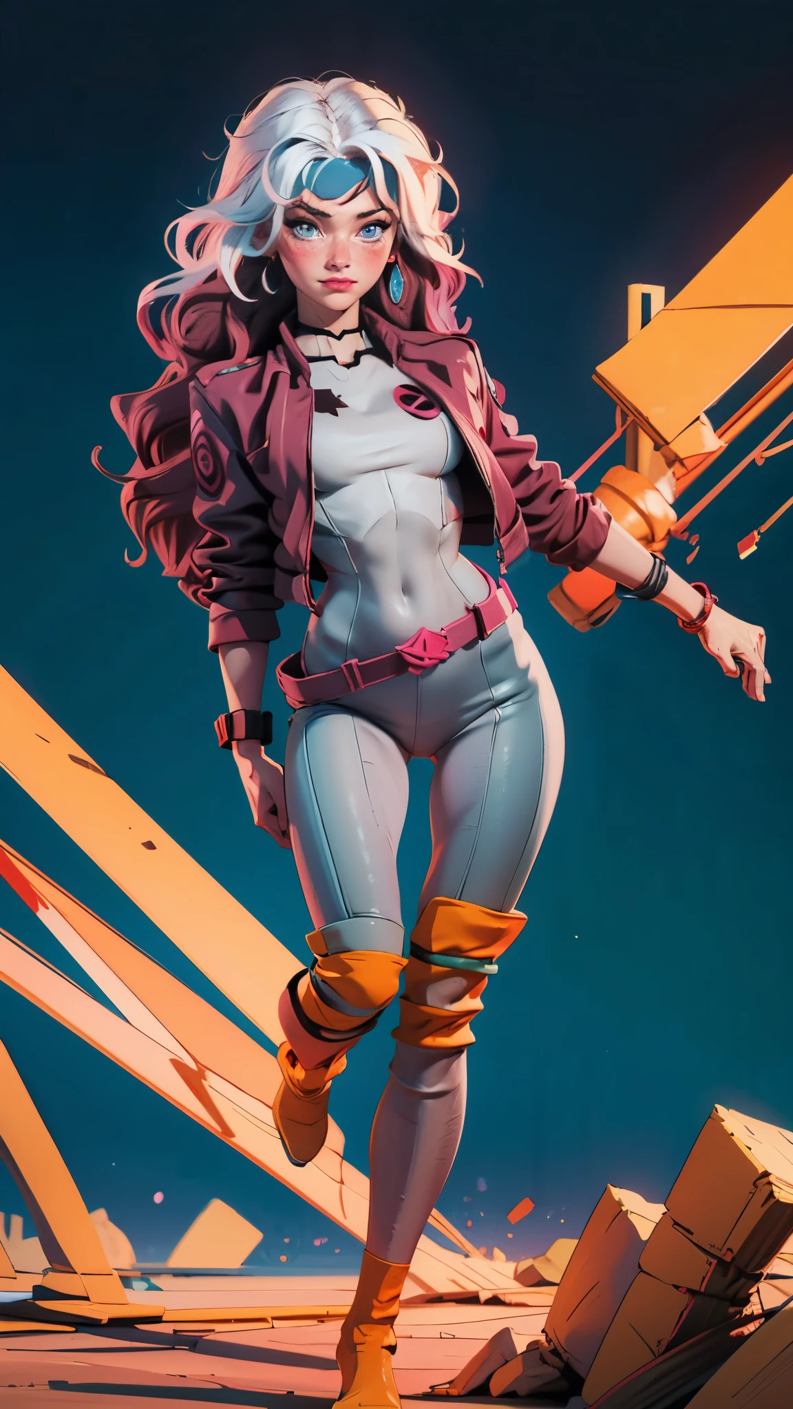 supermodel physique, perfect body, perfect clear skin, ultrarealistic, hyperrealism, photorealistic, ultra quality, masterpiece, high quality, beautiful, sexy face, pretty, slightly toned, fit, supermodel build, 3/4 body view, sexy waist, sexy hips, perfect legs, thigh gap, rogue, 1girl, solo, blush, wavy hair, multi colored hair, pink and grey top, pink and grey bottom, dynamic angle, high quality eyes, beautiful eyes