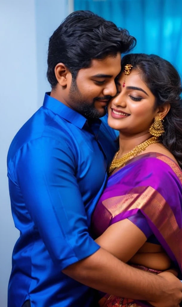 a 20-year-old shirtless man affectionately hugging and kissing aradiant, full-figured South Indian plus-sized 30 year old teacher wearing a blue silky saree in dressing room, captured in a full-body image with vibrant hues and meticulous details. Full body image