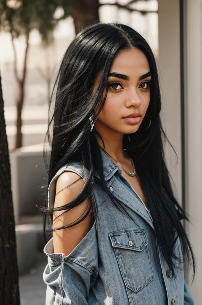I want a girl with black hair and gray hair sticking out from behind.. She has a piercing on her lower lip in the center, He has brown eyes, light skin and eyebrows black like her hair. has long hair
